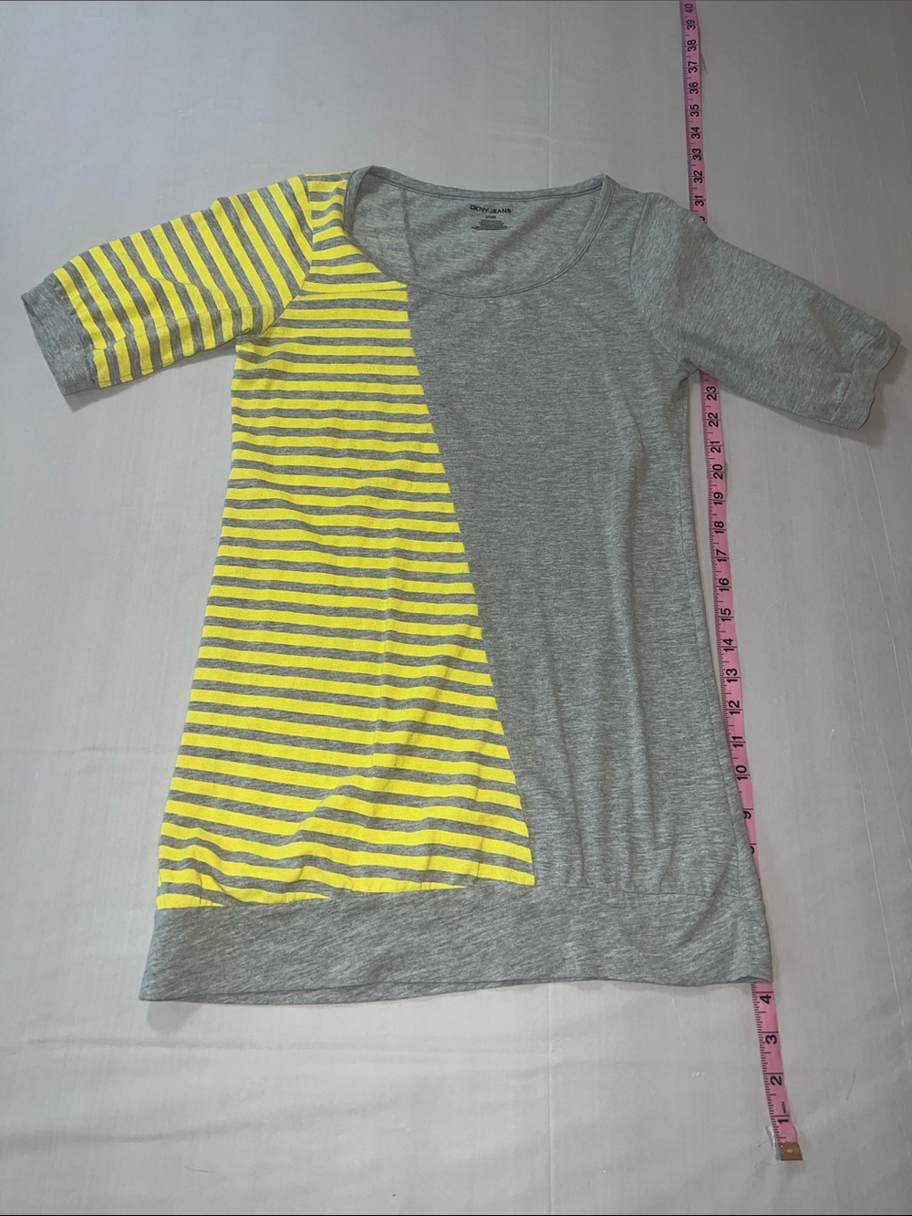 DKNY Gray Short Sleeve Top with Yellow Striped Panel